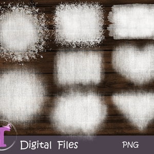 May include: A set of 8 white textured overlays with a wood grain background. The overlays are in various shapes, including circles, squares, hearts, and triangles. The overlays are perfect for adding a rustic or vintage feel to your digital designs.
