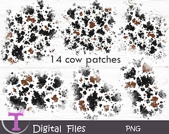 Parches con estampado de vaca desgastado, estampado de vaca en marrón, negro y blanco, estampado campestre (descarga digital).