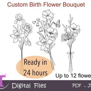 以下が含まれることがあります： 3つの花束の白黒線画イラスト。Custom Birth Flower Bouquet、Ready in 24 hours、Up to 12 flower、Digital Files PDF, JPGというテキストが含まれています。デザインには様々な花と蝶が描かれています。