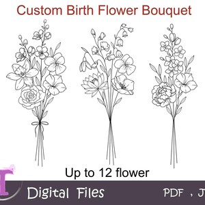 Benutzerdefinierte Geburtsblumenstrauß, Minimale Geburtsblume, Geburtsmonat Blumentattoo,Geburtsblumendruck, Familiengeburts-Blumenstrauß, Digitaldruck