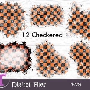 Checker patches, Distressed Orange checkered, Black Orange Checker, Checker background, Checkered print bundle, PNG Digital Download