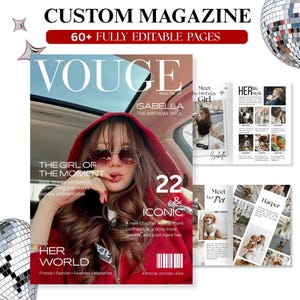 May include: A custom magazine template featuring 60 plus fully editable pages. The cover displays a person in a red hooded jacket wearing sunglasses, with the title VOUGE, the text THE BIRTHDAY ISSUE, and the headline THE GIRL OF THE MOMENT.