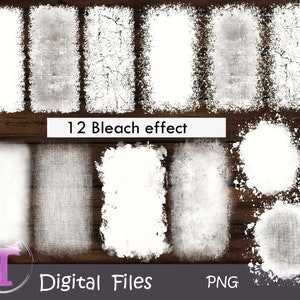 May include: Twelve digital PNG files with a bleach effect. The files are in a rectangular shape with a white background and a distressed, faded look. The text "12 Bleach effect" is at the top of the image.