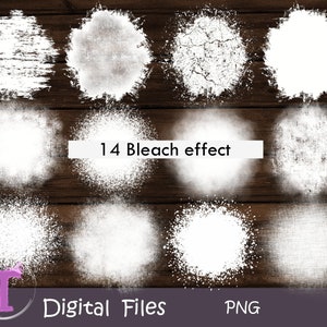 Puede incluir: Un conjunto de 14 archivos PNG digitales que presentan varios efectos de blanqueamiento. Los efectos son blancos y tienen un aspecto desgastado y grunge. El texto "14 Bleach effect" se muestra en el centro de la imagen.