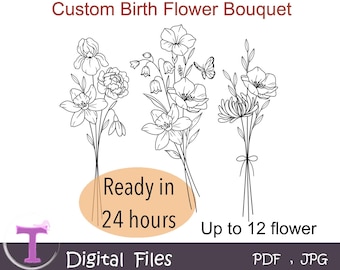 Custom Birth Flower Bouquet,Minimal birth month flower tattoo design,Birth month line drawing,Family Flower bouquet,Family Tattoo,Digital