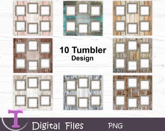 Könnte beinhalten: Ein digitales Design mit zehn Becherdesigns mit einem rustikalen Holzplanken-Hintergrund. Jedes Design enthält neun quadratische Rahmen, die in einem Raster angeordnet sind. Der Text "10 Tumbler Design" ist zentriert, darunter "Digital Files PNG".