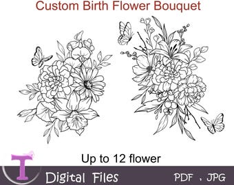 Custom Birth Flower Bouquet Tattoo,Custom birth month flower,Family memorial gift,Family flower tattoo,Minimal birth flower tattoo,Digital