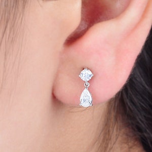Diamond Dangle Earrings 0.65 Ct| 14k White Gold Diamond Drop Earrings| Two Stone Earrings| Dainty Bridal Earrings| Round & Pear Diamond Gift