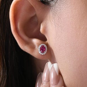 Natural Ruby & Halo Diamond Stud Earrings in White Gold • July Birthstone Gift • Minimalist Dainty Studs • HRD Certified Jewelry