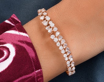 1.66 Ct Diamond Bracelet, 18k Rose Gold Baguette & Round Cut, Handmade