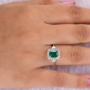 Emerald Cut Emerald Halo Ring| 18K Gold Emerald & Diamond Ring 1.98 Tcw| Green Gemstone Ring| Emerald Fine Jewelry Anniversary Gift for Wife