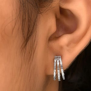 Diamond Wedding Earrings 0.82 Ct| Three Row Diamond Hoop Earrings| 14k Solid Gold Huggie Hoop Earrings| Baguette Cut Diamond Bridesmaid Gift