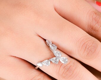 1.79Ct Pear Cut Diamond Chevron Ring, 18k White Gold V Ring