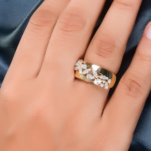0.57Ct Diamond Band Ring, 18K Yellow Gold Women Statement Ring, Cluster Diamond Wedding Band, Engagement Ring, 1st Anniversary Gift for Wife