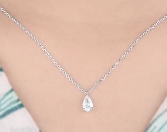 0.57 Ct Natural Diamond Teardrop Necklace, 14k/10k White Gold Solitaire Pendant, Pear Cut Diamond Pendant Necklace, Anniversary Gift for Her