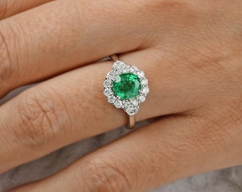 Emerald Diamond Halo Ring | 18K White Gold Engagement Statement Ring