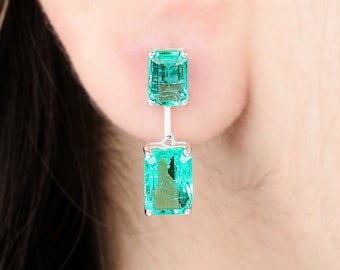 18k Gold Emerald Earrings, 5.60 Ct Two Octagon Cut Emerald Earrings, Zambian Emerald Dangle Earrings, Wedding Earrings, May Birthstone Gift