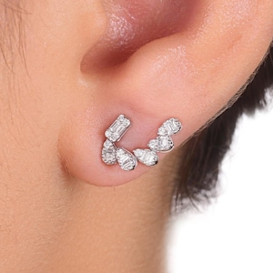 0.41Ct Natural Diamond Climber Earrings, 18k/14k/10K White Gold Curved Earrings, Diamond Cluster Earrings, Gold Statement Earrings for Women
