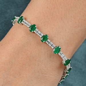 9.14 Tcw Emerald and Diamond Bracelets, Oval Cut Solitaire Emerald Bracelet, Round Diamond Tennis Bracelet, 18k White Gold Eternity Bracelet