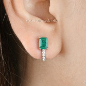 Emerald Diamond Earrings 2.06 Ctw| 18k Solid Gold Hoop Earrings| J Shaped Stud Earrings| Gemstone Earrings| Emerald Cut Emerald Jewelry Gift