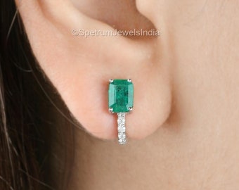 Emerald Diamond Earrings 2.06 Ctw| 18k Solid Gold Hoop Earrings| J Shaped Stud Earrings| Gemstone Earrings| Emerald Cut Emerald Jewelry Gift
