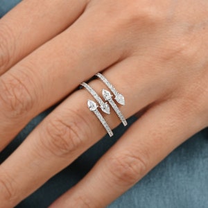 18k White Gold Diamond Ring / Pear & Round Cut Diamond Ring / Wedding Engagement Ring / Pave Diamond Wedding Ring / Stackable Ring For Women