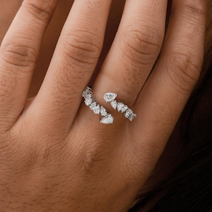 Diamond Bypass Ring 1.06 Ct| 14k Gold Anniversary Ring| White Gold Wedding Ring| Pear Cut Diamond Engagement Jewelry| Diamond Gift for Wife