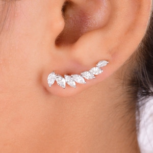 Marquise Cut Diamond Ear Crawler Earrings, 1.54 Ct Diamond Ear Climber Earrings, 18k Solid Gold Earrings for Women, Wedding Bridal Earrings