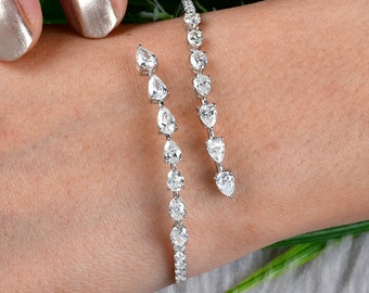 Pear Cut Diamond Bangle Bracelet | 18k White Gold Open Cuff