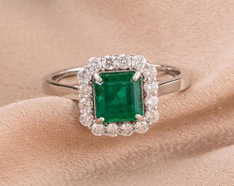 Diamond Emerald Ring 1.87Ct| 18k White Gold Womens Ring| Octagon Cut Emerald Ring| Halo Diamond Ring| Anniversary Ring| Emerald Jewelry Gift