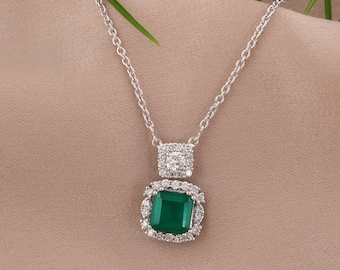 Solid Gold 14k Lab Grown Diamond Pendant Necklace, Green  Gemstone Jewelry Pendant, Baguette Cut Stone Chain Pendant, Handcrafted Necklace