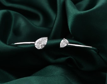 1.53 Ct Pear Cut Lab Diamond Open Bangle Bracelet, 14k Gold Cuff