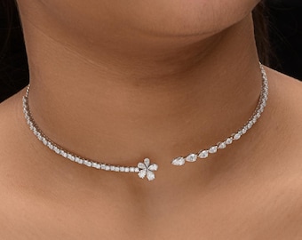 3.37ct Natural/Lab Diamond Choker Necklace| 18K White Gold Diamond Necklace| Statement Wedding Necklace| Open Collar Bridesmaid Necklace