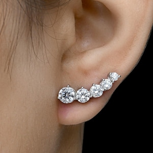 3.36 Ct Natural Diamond Ear Climber Earrings, 18k/14k Gold Diamond Curved Earrings, Five Round Diamond Crawler Earrings, Mother&#39;s Day Gift