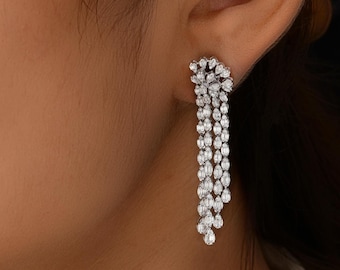 Diamond Chandelier Earrings 2.37Ct| 12.58 Gms 18K White Gold Diamond Dangle Earrings| Diamond Tassel Earrings| Baguette Diamond Jewlery Gift