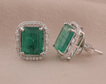 Emerald Cut Emerald with Diamond Halo, 18k White Gold Stud Earrings
