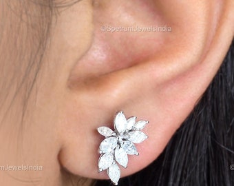 Natural Diamond Flower Stud Earrings 1.44ct Marquise 18K White Gold Cluster Studs