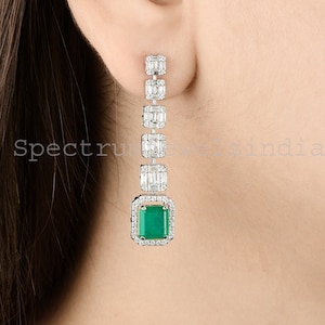 18k Gold Diamond Earrings /Synthetic Green Gemstone Earrings /Baguette & Round Diamond Dangle Earrings /Diamond Women Earrings /Gift For Her