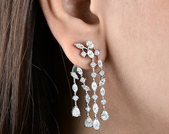 Natural Diamond Ear Jacket Earrings, 18k White Gold Dangle Earrings, Wedding Chandelier Jacket Earrings, Lab Grown Diamond Earrings For Her