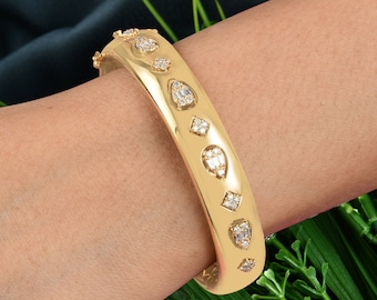 Diamond Bracelet Bangle 0.70 Ct| 18k Gold Diamond Wedding Bracelet| Diamond Stackable Bracelet| Round Baguette Diamond Jewelry Gift for Her
