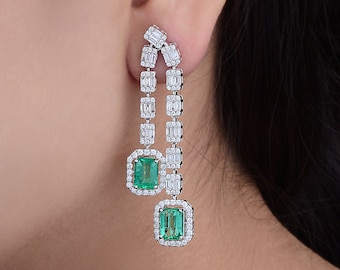 5ct Zambian Emerald With 3.40ct Natural Diamond Earrings| 18k White Gold Dangling Earrings| Pave Diamond Earrings| Birthstone Jewelry