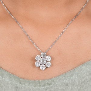 1,10 Tcw diamanten bloemenhanger ketting, 18k/14k/10k massief gouden diamanten ketting, bloemencluster hanger ketting, witgouden ketting ketting