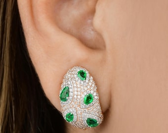 18k/14k Gold 1.26 Ct Zambian Emerald Earrings For Women| 1.6Ct Natural Diamond Hoop Earrings| Pear Cut Emerald Earrings| Bridal Jewelry Gift