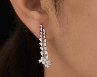 18K White Gold Diamond Flower Dangle Earrings - Handmade Fine Jewelry| Two Line Natural Diamond Drop Earrings| Anniversary Gift For Women