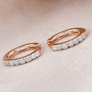 Natural Round Cut Diamond Earrings| Half Eternity 18k Rose Gold Earrings for Women| Classy Gold Hoops Earrings| Bridesmaid Earrings for Gift