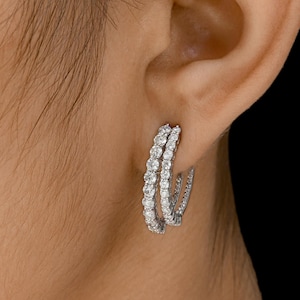 2.72 Ct Double Row Natural/Lab Diamond Huggie Earrings, 18k/14K Solid Gold Diamond Hoop Earrings, Dainty Wedding Earrings, Bridesmaid Gift