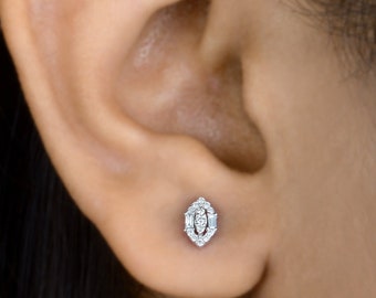 0.13 Carat Diamond Stud Earrings, 10K White Gold, Round Baguette Cut, Minimalist Bridal Jewelry
