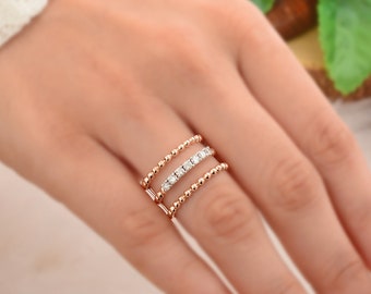 Gold Beaded Diamond Ring / Women Diamond Band / 18k Gold Diamond 3 Band Ring / Round Diamond Wedding Ring / Diamond Stackable Ring For Her