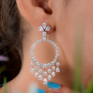 18K White Gold Diamond Earrings, Designer Earrings,  Dangle Drop Earrings, Cluster Wedding Earrings, Statement Earrings, Gift For Her
