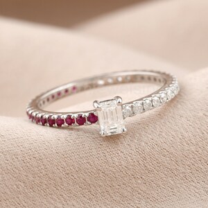 0.24Ct Diamond Ring with One Side 0.50 Ct Ruby Band| 18K Solid Gold Engagement Ring| Round & Baguette Cut Diamond Wedding Ring, Gift for Her